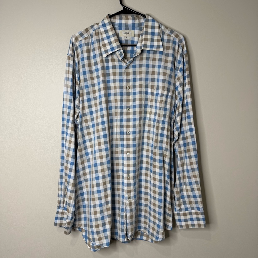 Hagen Carmel 100% Cotton Blue White Check Business Casual Button Down Shirt‎ XXL